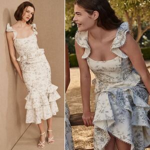 V. Chapman Violet‎ Midi Dress in Blue Murano Print Linen Blend Ruffles - Size 10